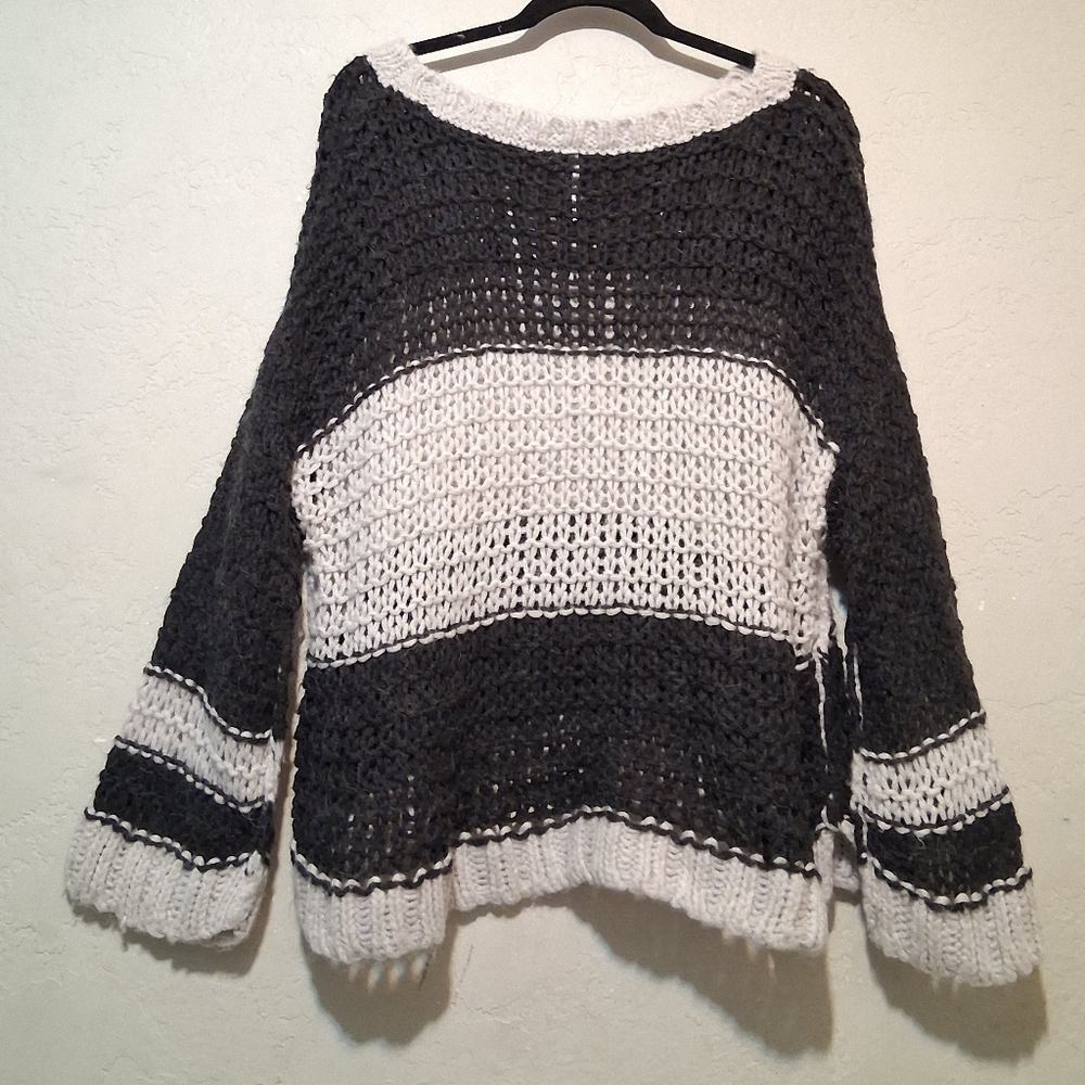 Free People Sweater Monaco Stripped Slouchy Charcoal-Ivory SzM Wool- Alpaca Blen - Picture 4 of 13